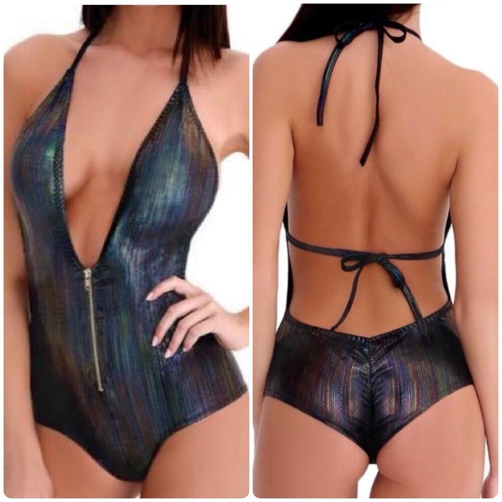 iHeartRaves Oil Slick Holographic Zip Front Halter Bodysuit Romper Rave Festival